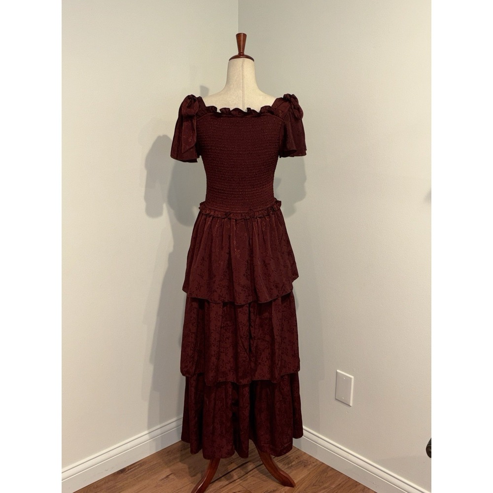 Ivy City Co Alana Tiered Smocked Burgundy Wine Size Medium Cottagecore Maxi - Picture 5 of 10